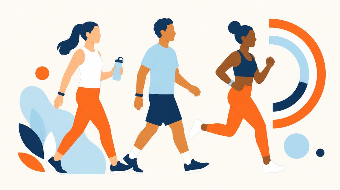 Faceless illustration of three people walking and running together