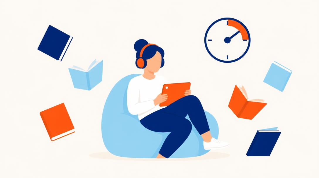 Faceless illustration of a person learning on a tablet surrounded by books